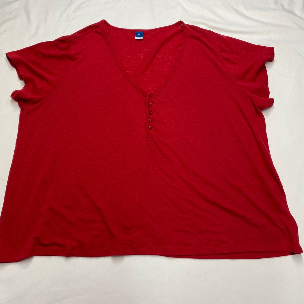 Old Navy Womens XL Red Linen Blend Short Sleeve V-Neck Henley Top
